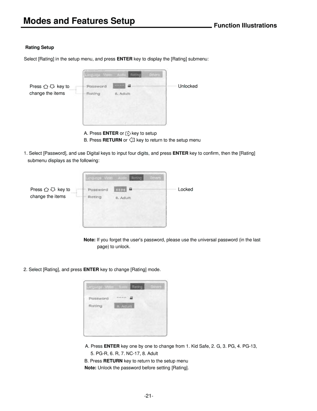 Palsonic DVD5000 user manual Rating Setup 