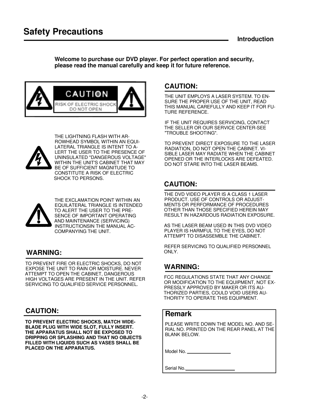 Palsonic DVD5000 user manual Safety Precautions, Introduction 