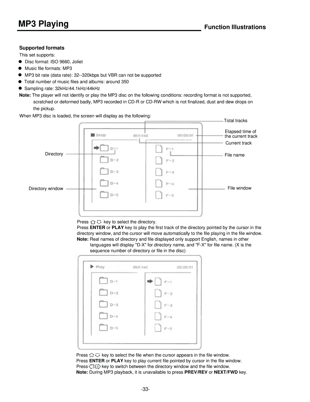 Palsonic DVD5000 user manual MP3 Playing, Supported formats 