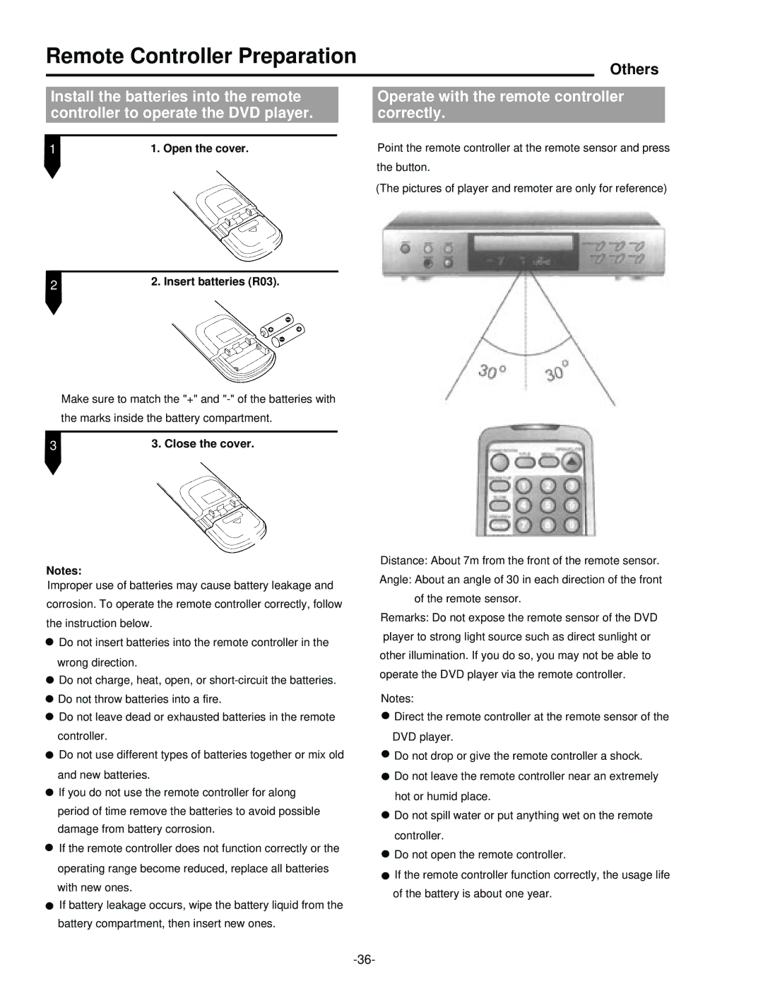 Palsonic DVD5000 user manual Remote Controller Preparation, Open the cover, Insert batteries R03, Close the cover 