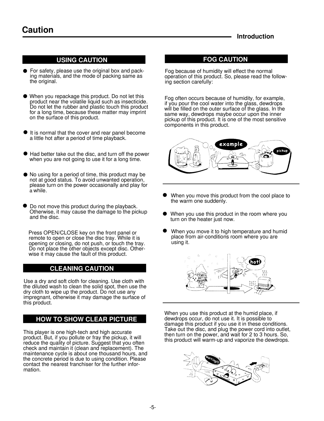 Palsonic DVD5000 user manual Using Caution FOG Caution 