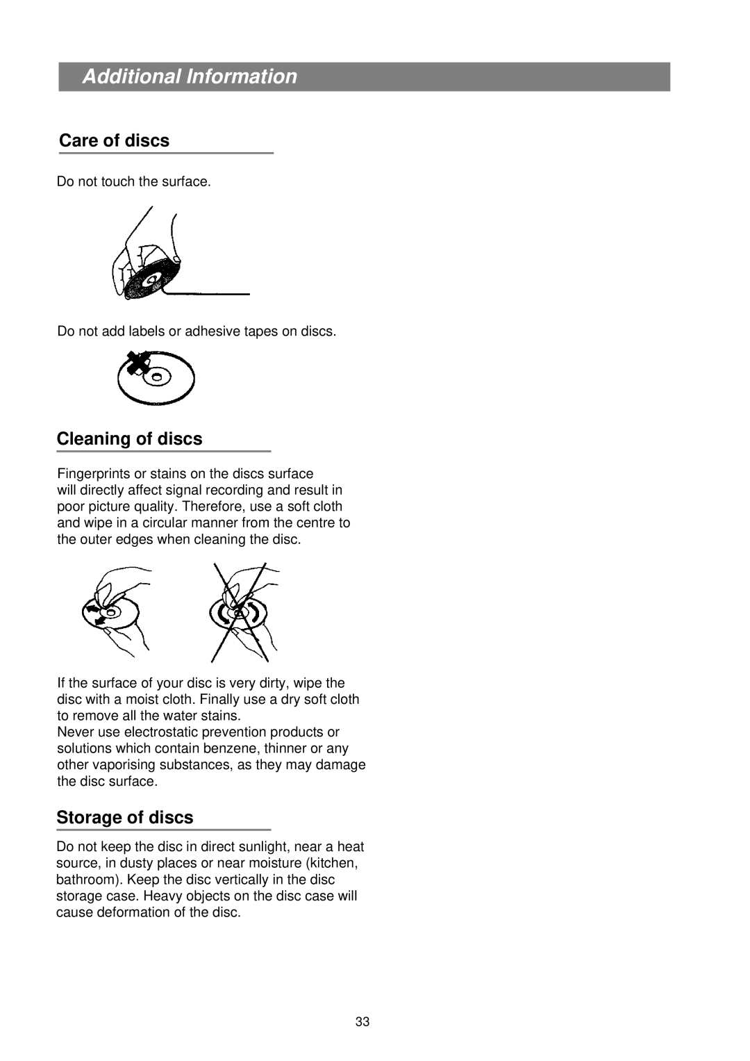 Palsonic DVD7500 manual Additional Information, Care of discs, Cleaning of discs, Storage of discs 