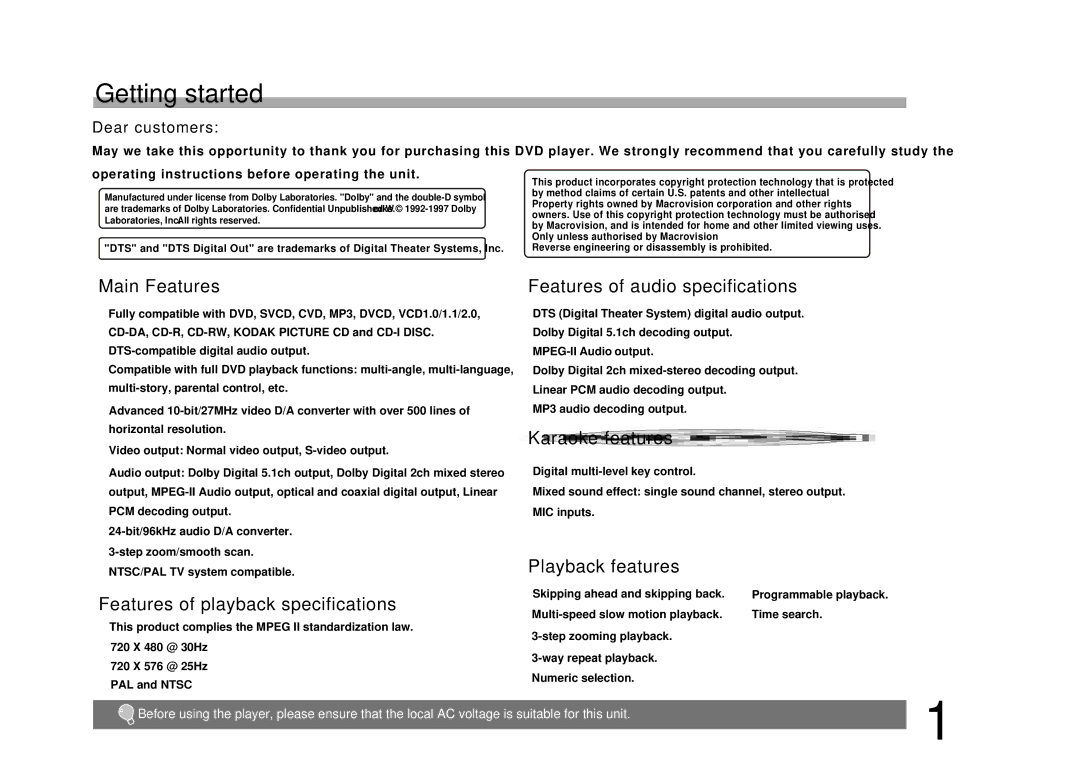 Palsonic DVD9100 manual Getting started, Main Features, Features of audio specifications, Karaoke features 