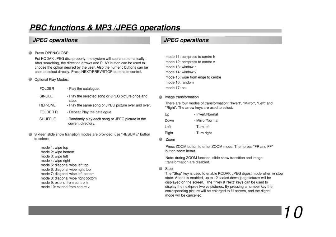 Palsonic DVD9200 manual Jpeg operations 