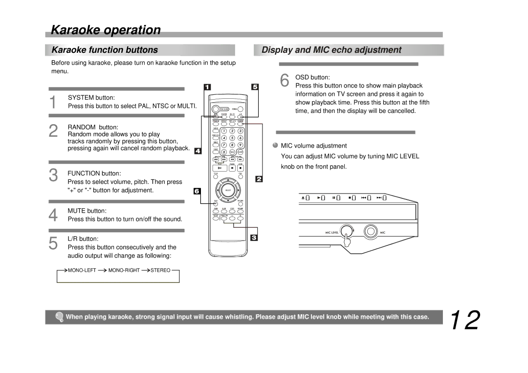 Palsonic DVD9200 manual Karaoke operation, Karaoke function buttons, Display and MIC echo adjustment 