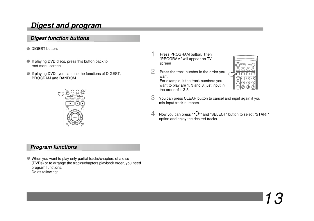 Palsonic DVD9200 manual Digest and program, Digest function buttons, Program functions 