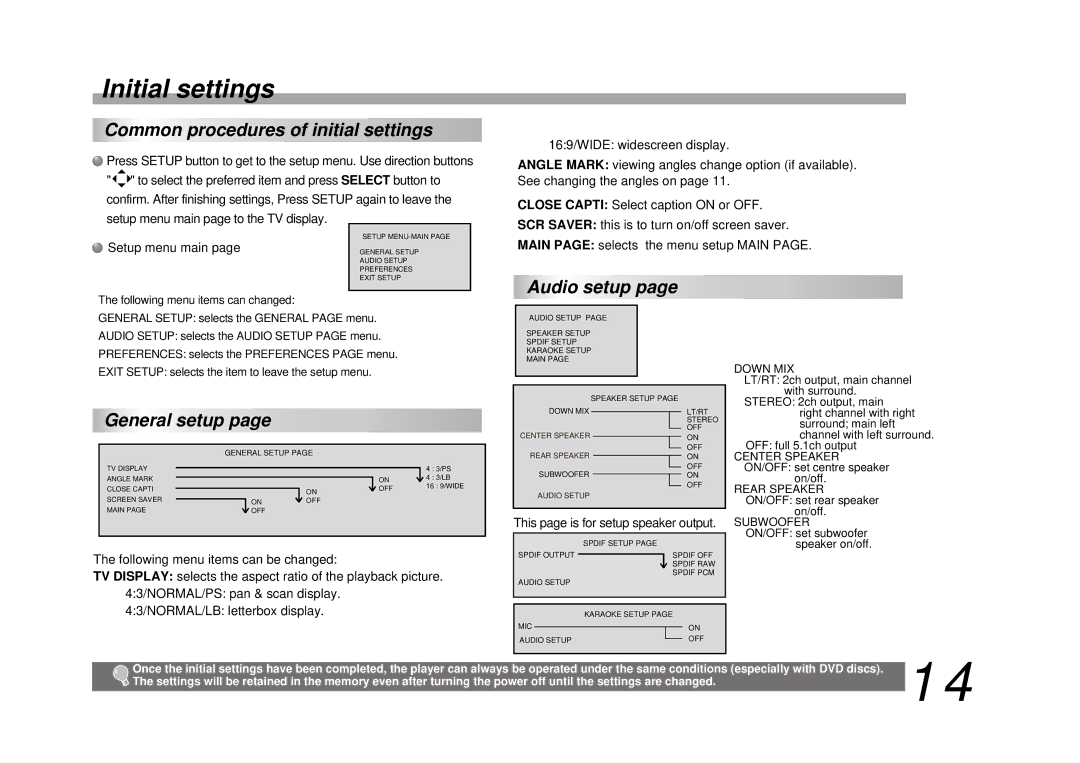 Palsonic DVD9200 manual Initial settings, Common procedures of initial settings, Audio setup, General setup 