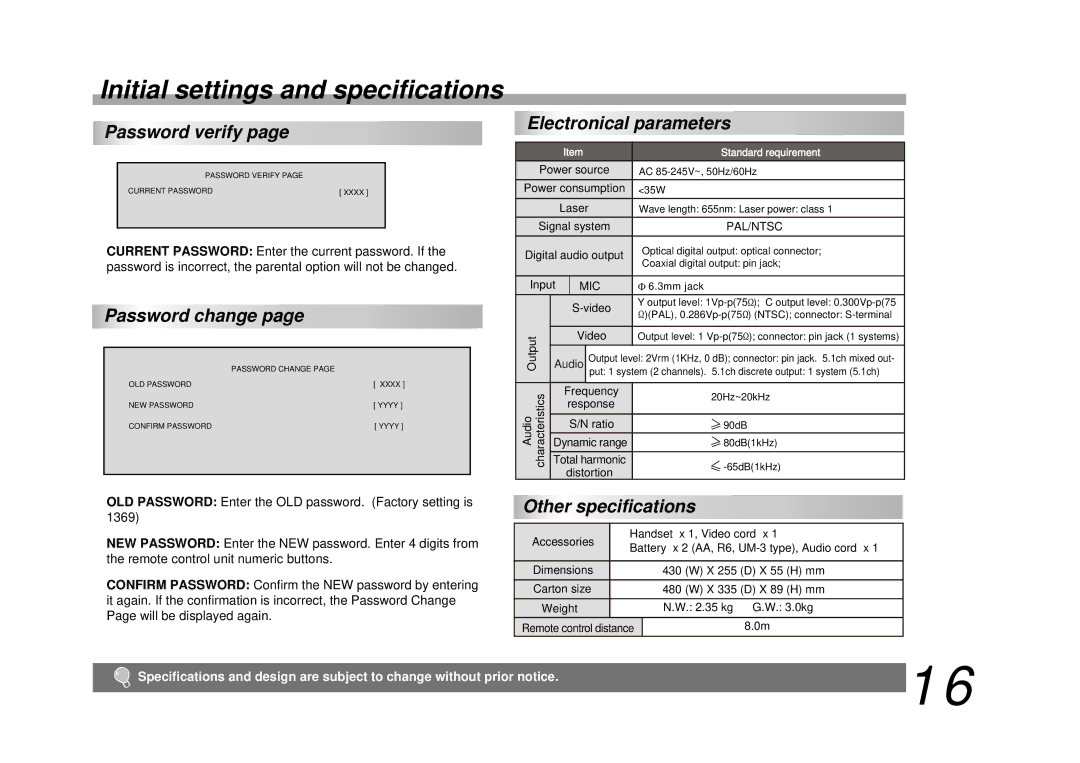 Palsonic DVD9200 manual Initial settings and specifications, Password verify, Password change, Electronical parameters 