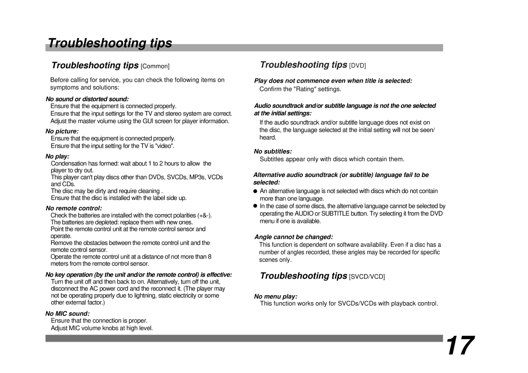 Palsonic DVD9200 manual Troubleshooting tips Common, Troubleshooting tips DVD, Troubleshooting tips SVCD/VCD 