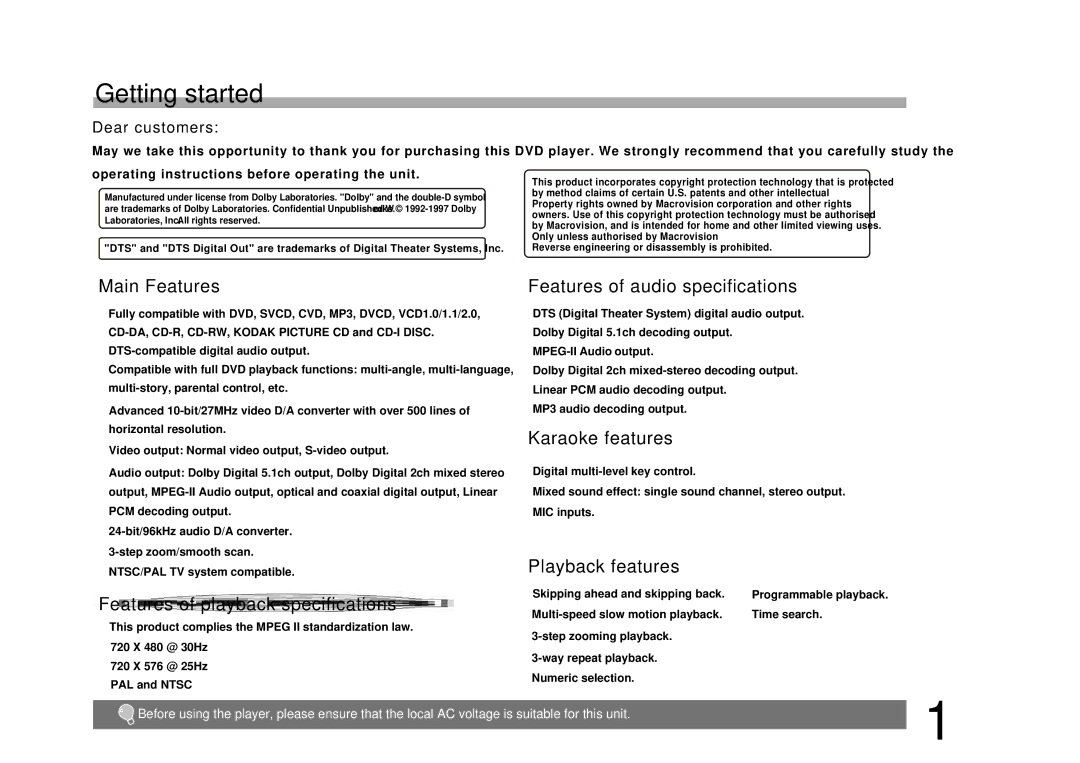 Palsonic DVD9200 manual Getting started, Main Features, Features of audio specifications, Karaoke features 