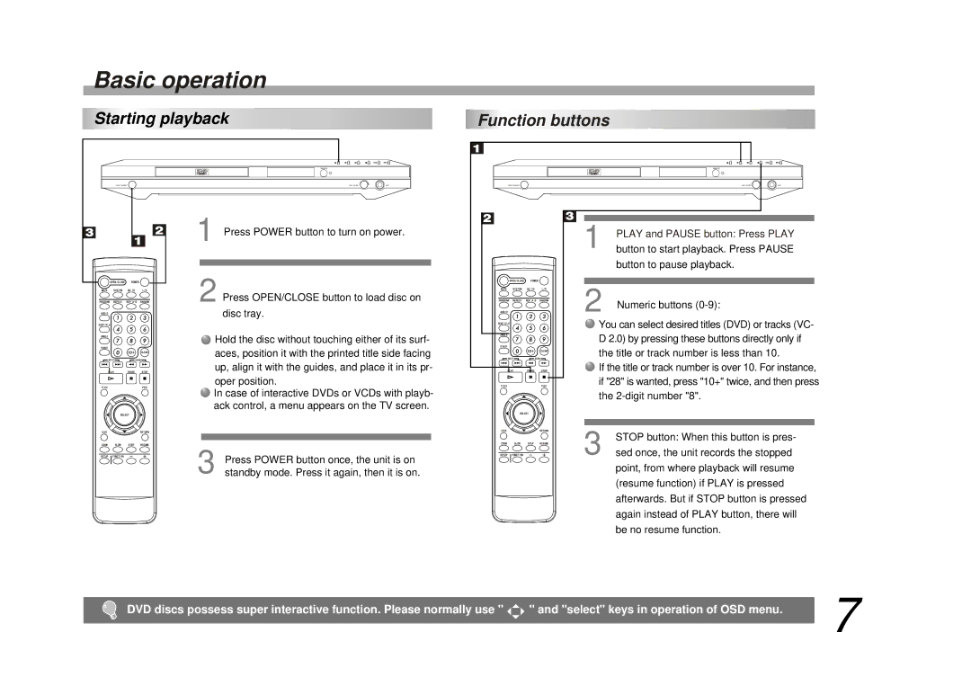 Palsonic DVD9200 Starting playback, Function buttons, 2Press OPEN/CLOSE button to load disc on disc tray, Numeric buttons 