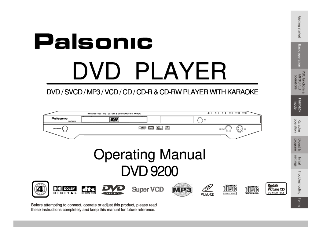 Palsonic DVD9200 manual Dvd Player, Operating Manual DVD, DVD / SVCD / MP3 / VCD / CD / CD-R & CD-RW PLAYER WITH KARAOKE 