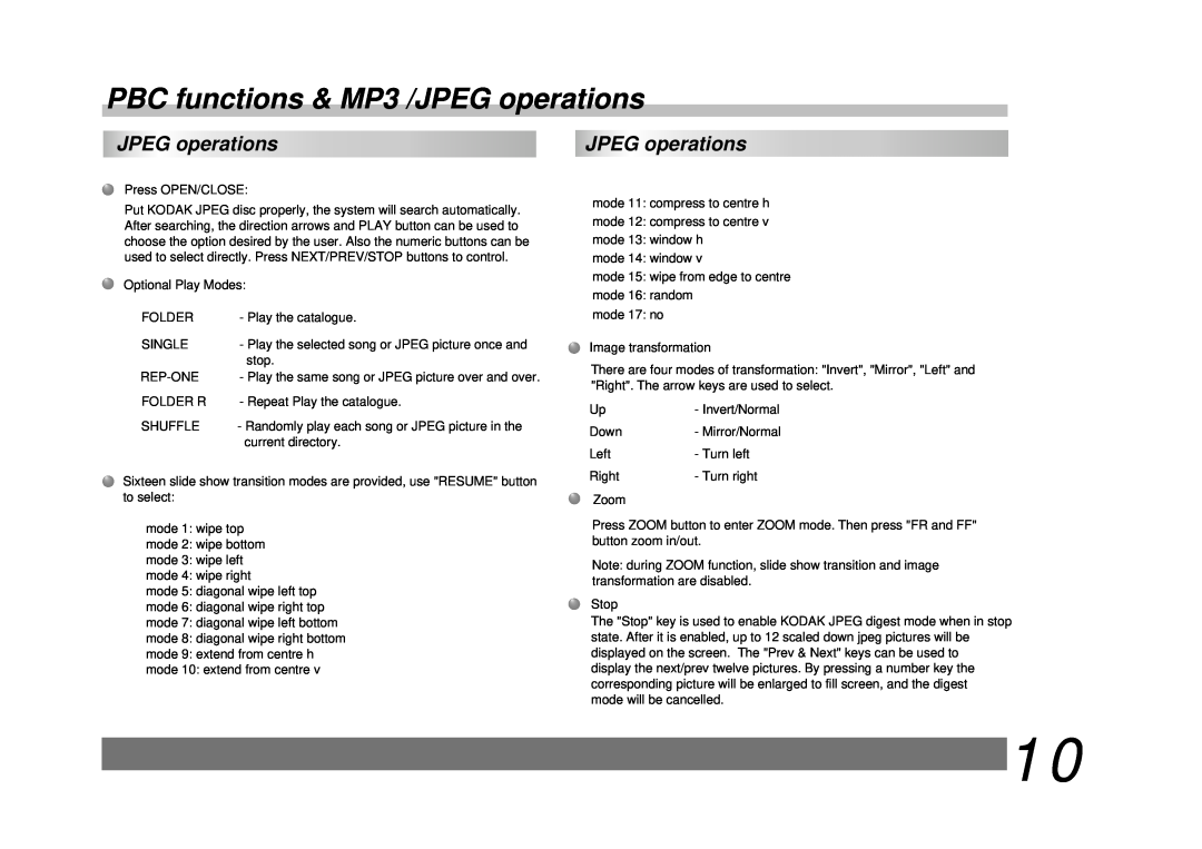 Palsonic DVD9200 manual PBC functions & MP3 /JPEG operations, Press OPEN/CLOSE 