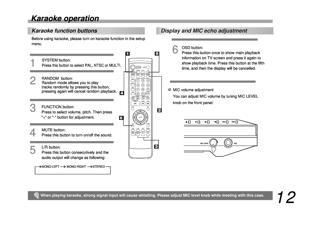 Palsonic DVD9200 manual Karaoke operation, Karaoke function buttons, Display and MIC echo adjustment 