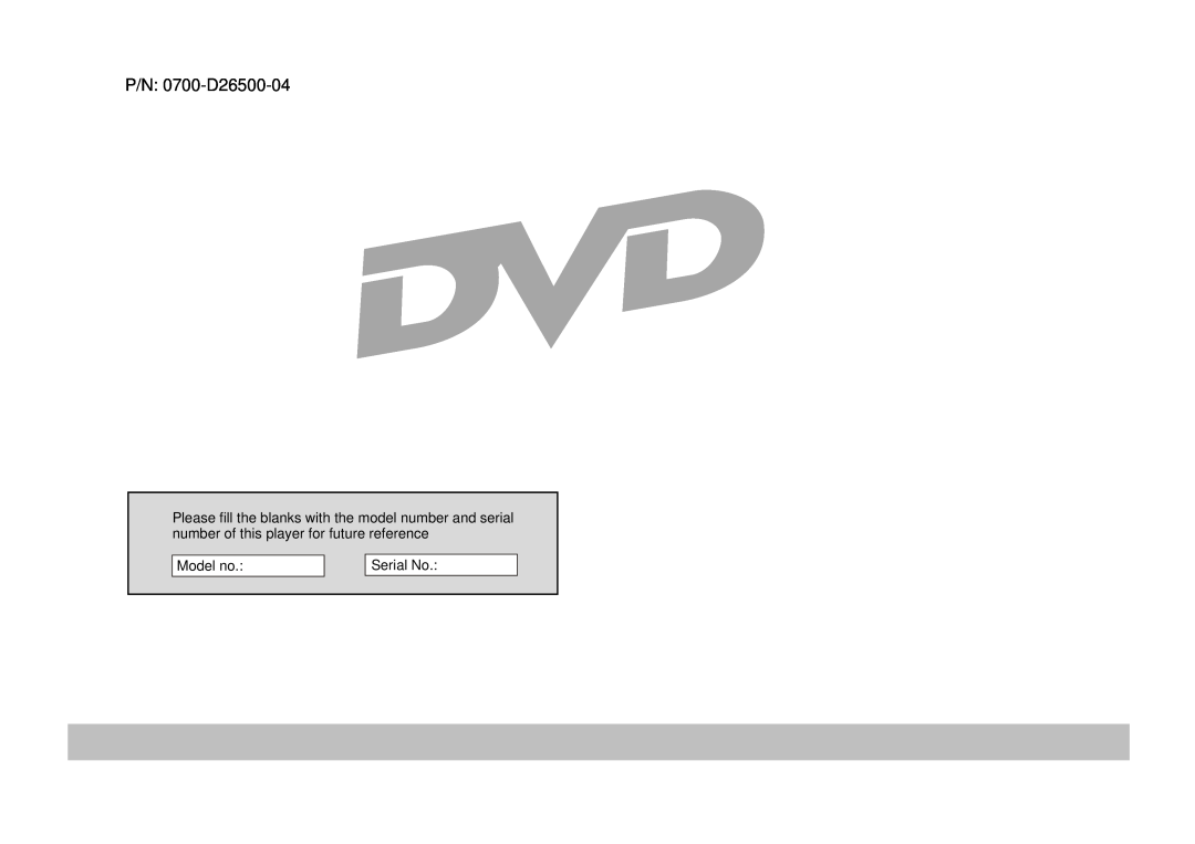 Palsonic DVD9200 manual P/N 0700-D26500-04, Model no, Serial No 