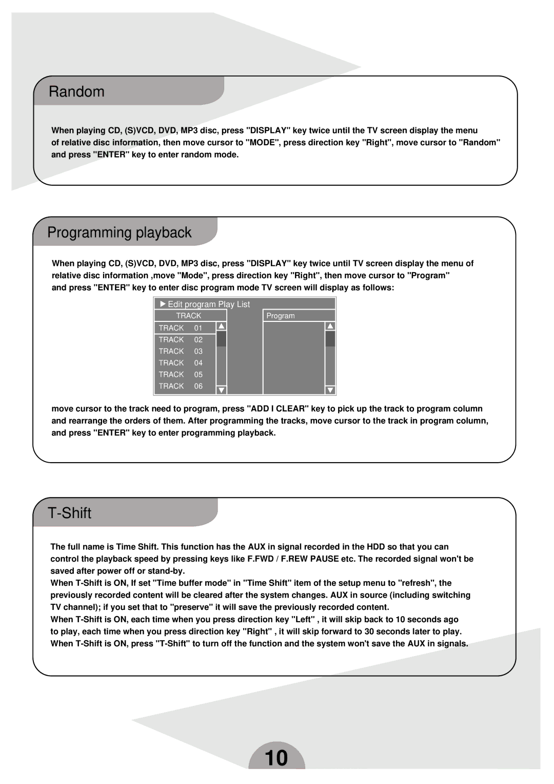 Palsonic DVDR160G instruction manual Random, Programming playback, Shift 