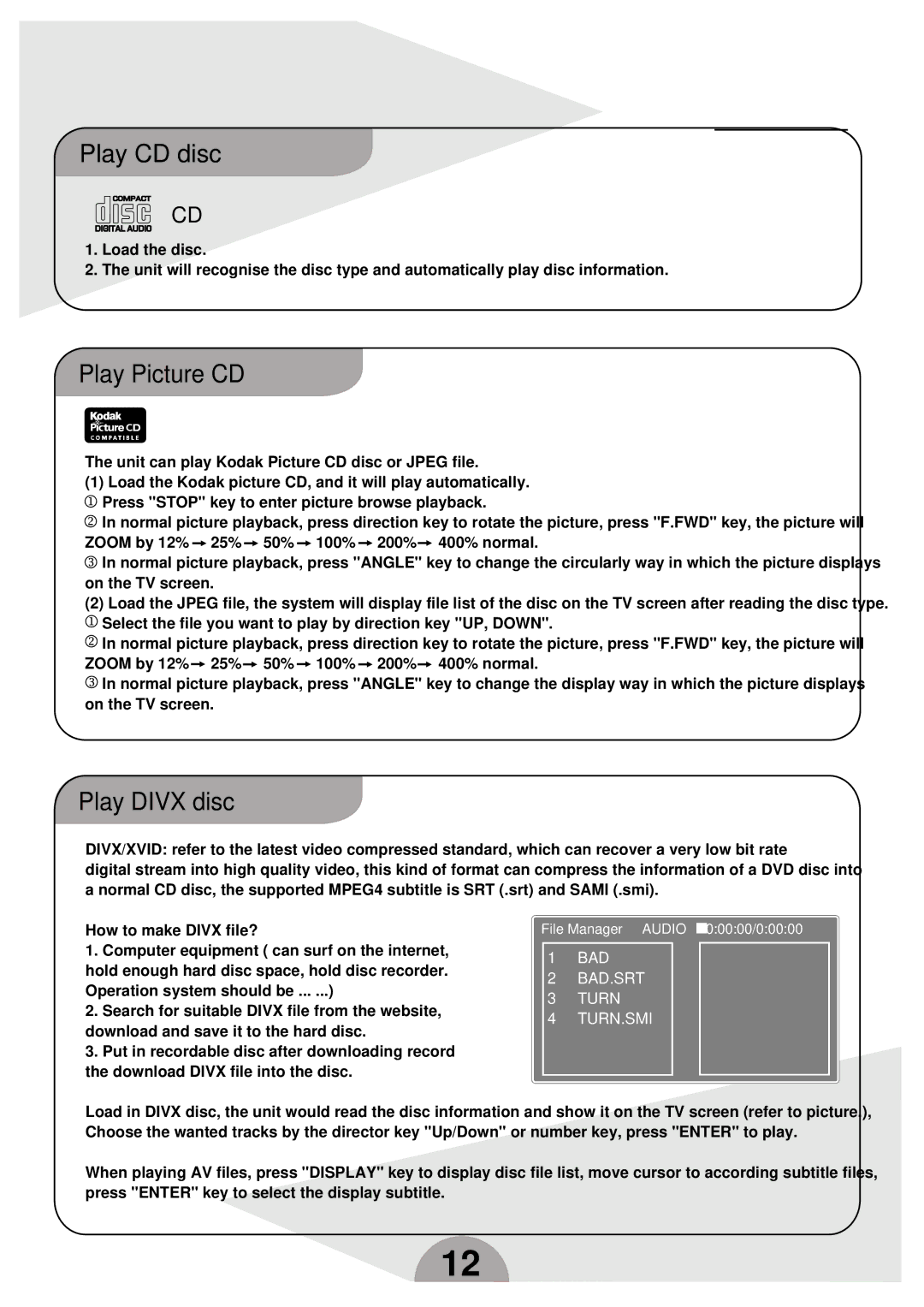 Palsonic DVDR160G instruction manual Play CD disc, Play Picture CD, Play Divx disc 