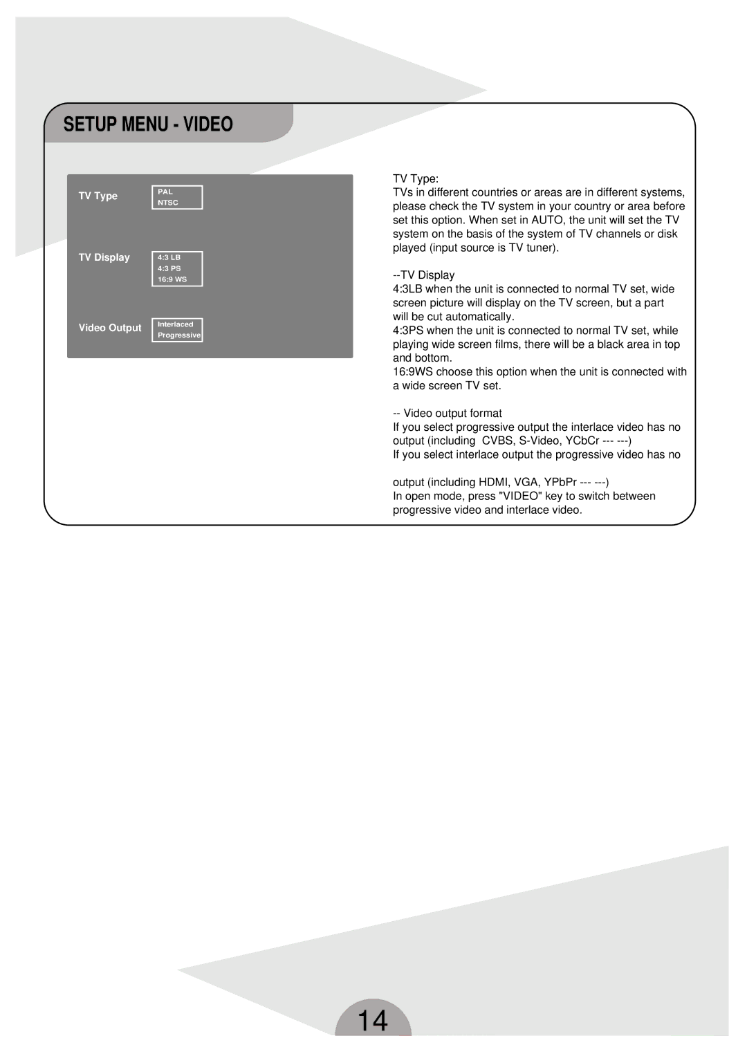 Palsonic DVDR160G instruction manual Setup Menu Video 