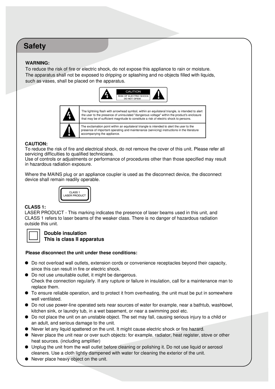 Palsonic DVDR160G instruction manual Safety, Class 