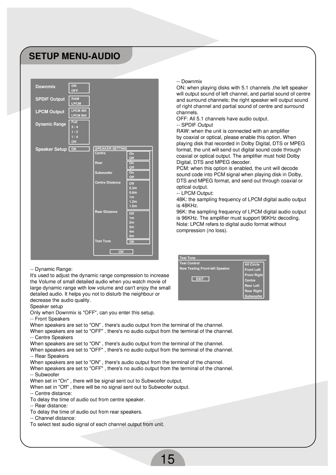 Palsonic DVDR160G instruction manual Setup MENU-AUDIO, Downmix 