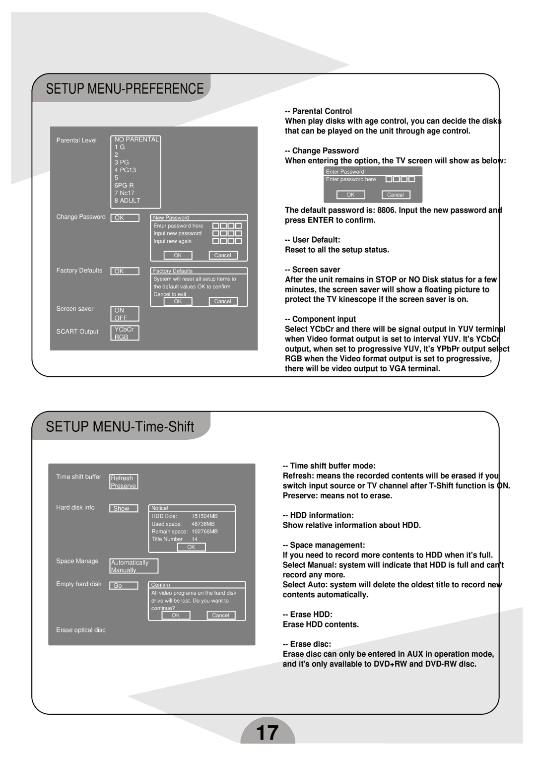 Palsonic DVDR160G instruction manual Setup MENU-PREFERENCE, Setup MENU-Time-Shift 