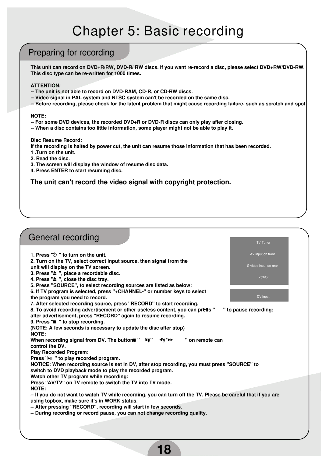 Palsonic DVDR160G instruction manual Basic recording, Preparing for recording, General recording 