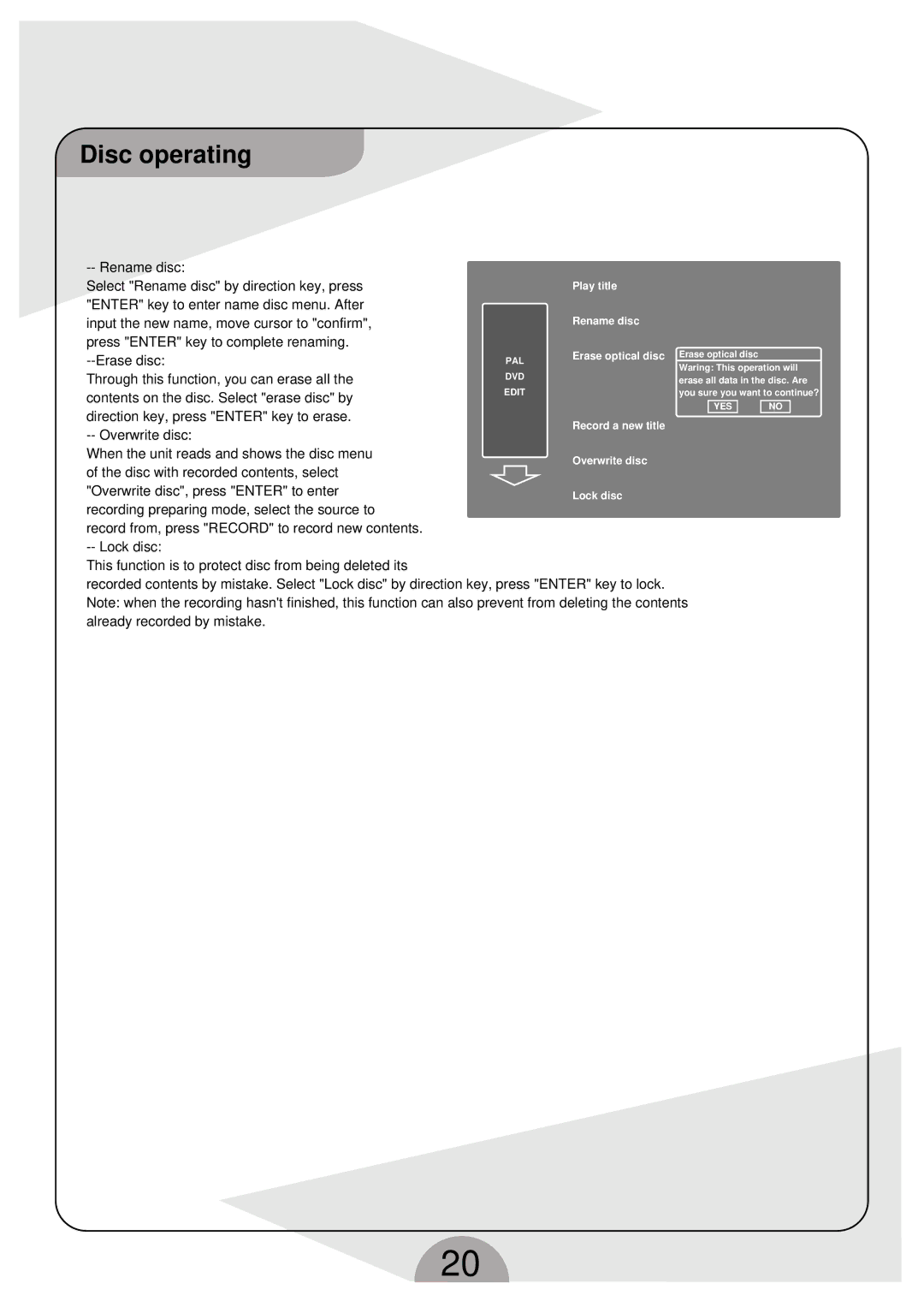 Palsonic DVDR160G instruction manual Disc operating 