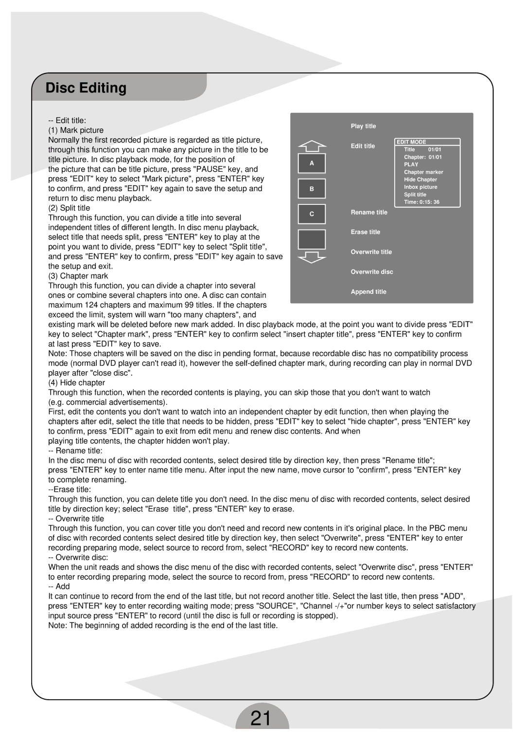 Palsonic DVDR160G instruction manual Disc Editing 