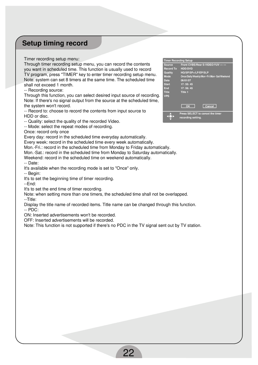 Palsonic DVDR160G instruction manual Setup timing record, HDD or disc 