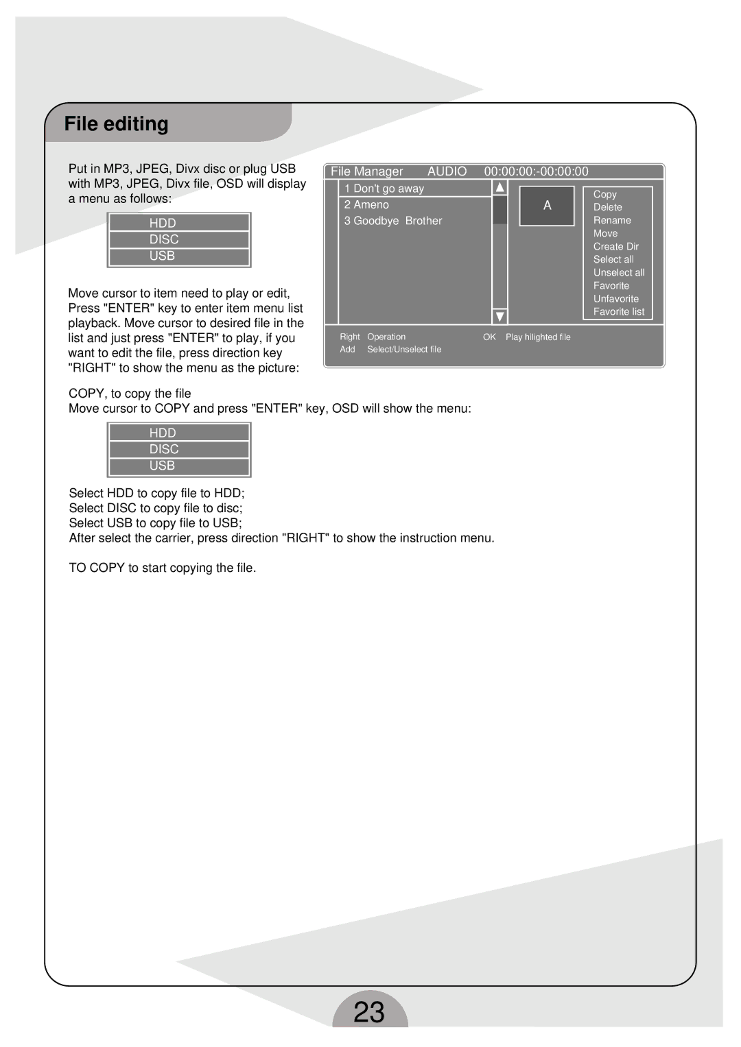 Palsonic DVDR160G instruction manual File editing, HDD Disc USB 