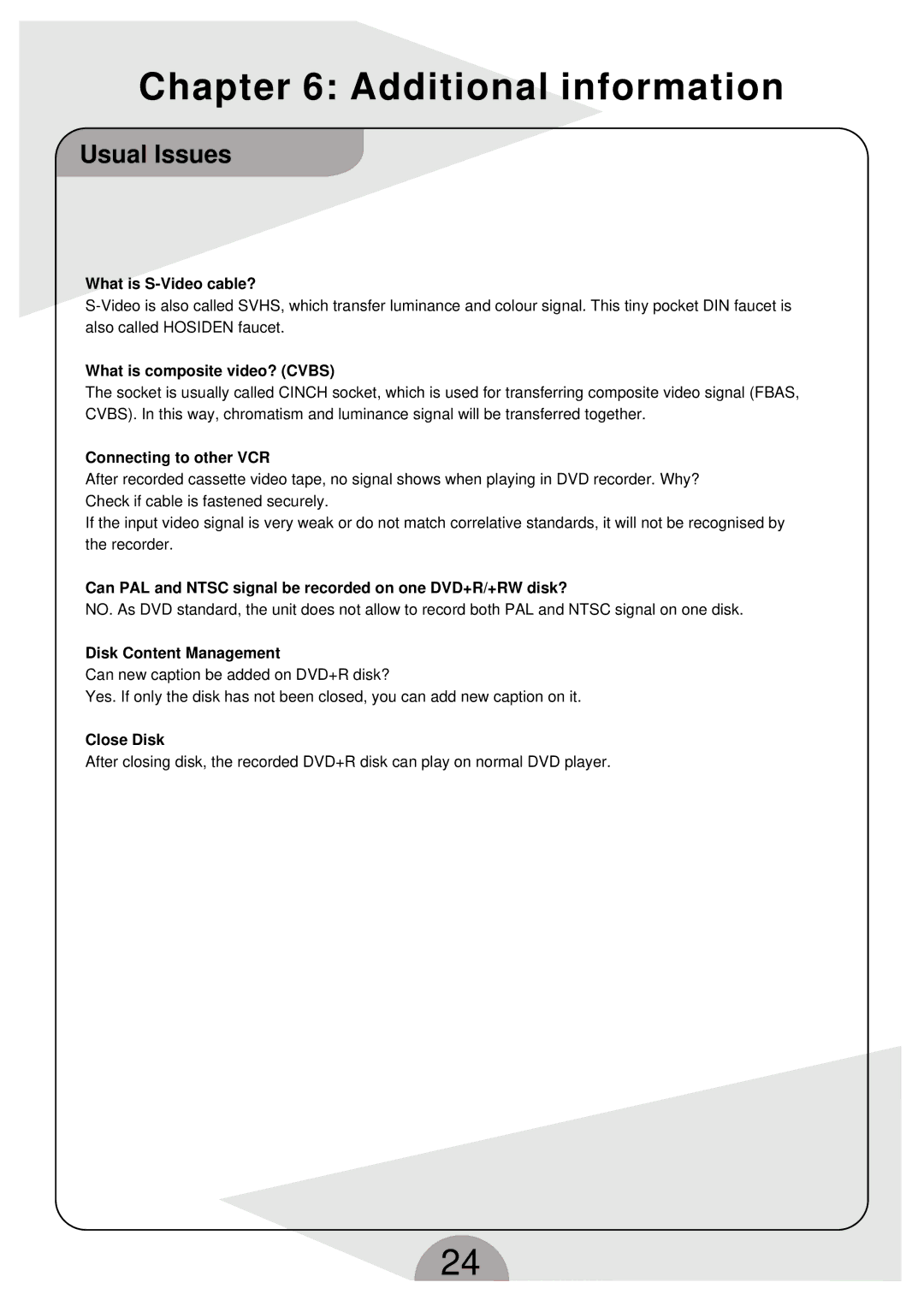 Palsonic DVDR160G instruction manual Additional information, Usual Issues 