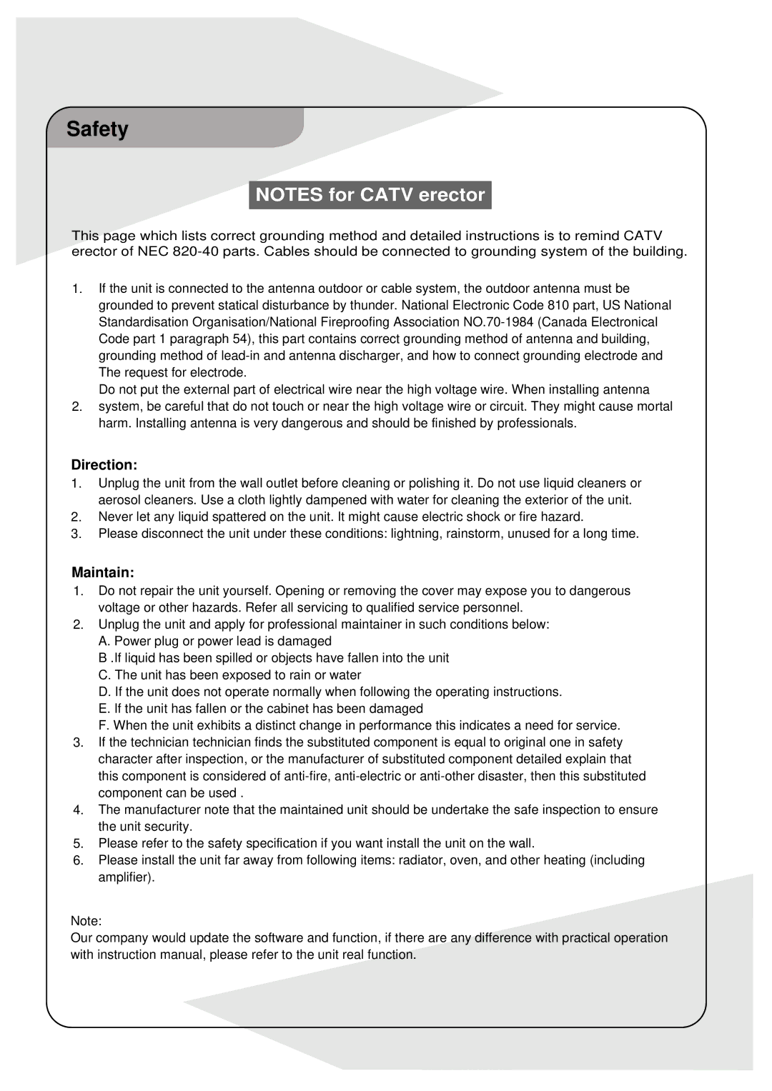 Palsonic DVDR160G instruction manual Direction 