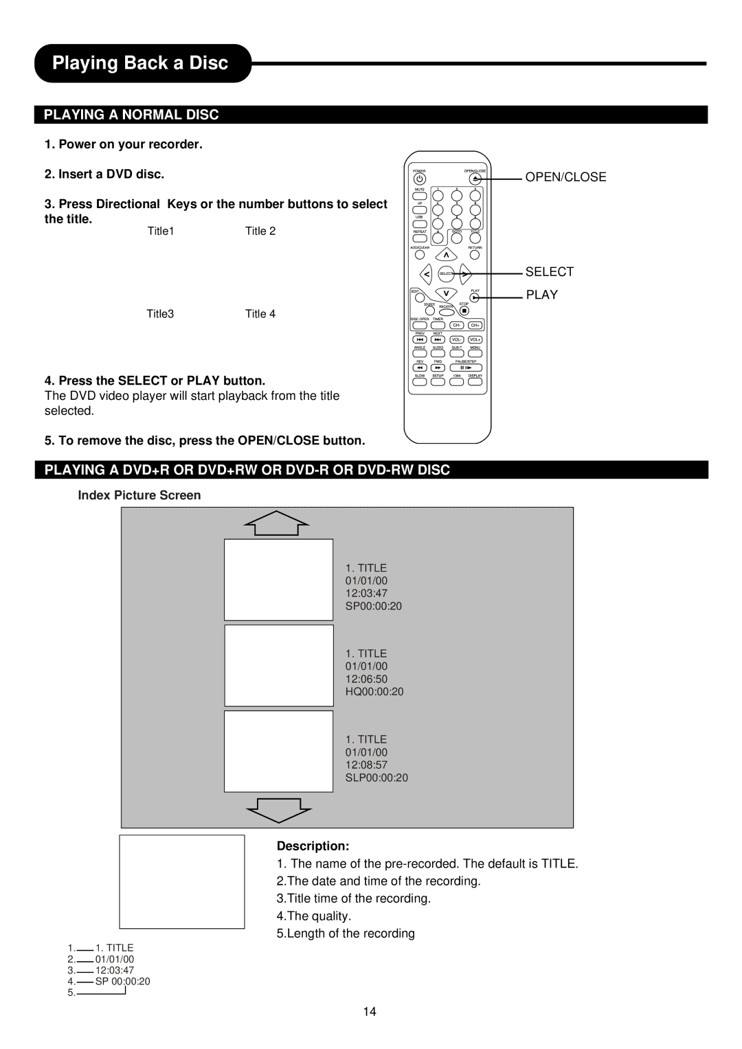 Palsonic DVDR313 manual Playing Back a Disc, Playing a Normal Disc, Playing a DVD+R or DVD+RW or DVD-R or DVD-RW Disc 