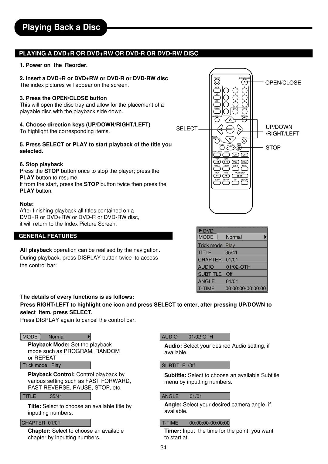 Palsonic DVDR313 manual General Features 