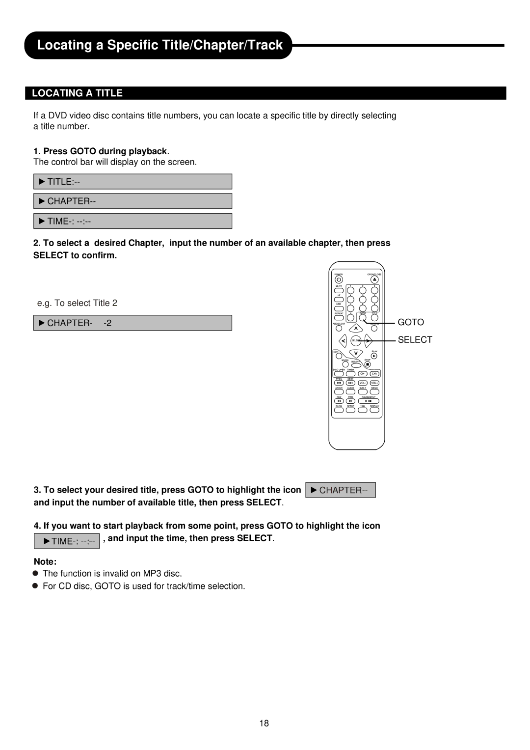 Palsonic DVDR313 manual Locating a Title, Press Goto during playback 