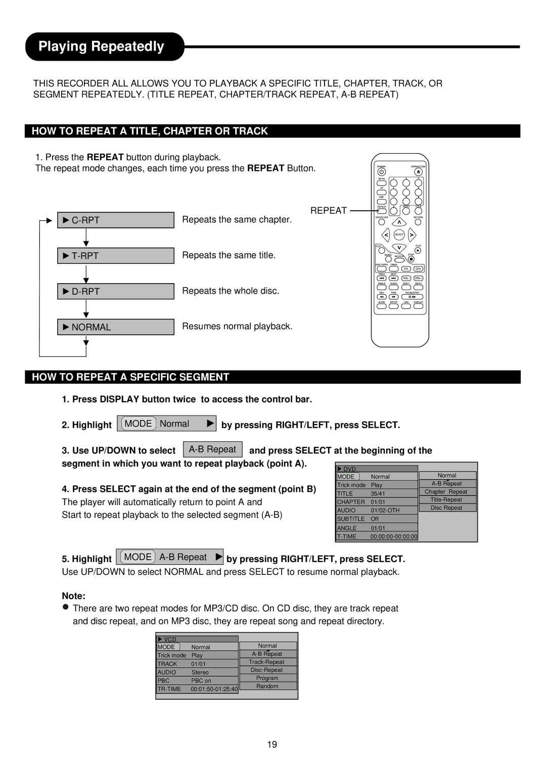 Palsonic DVDR313 manual Playing Repeatedly, HOW to Repeat a TITLE, Chapter or Track, HOW to Repeat a Specific Segment 