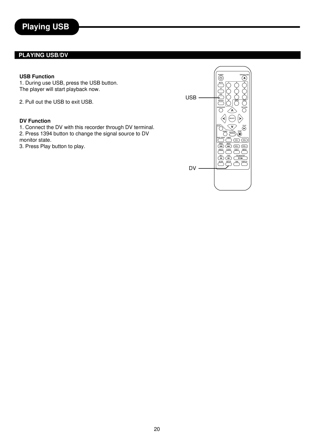 Palsonic DVDR313 manual Playing USB/DV, USB Function, DV Function 