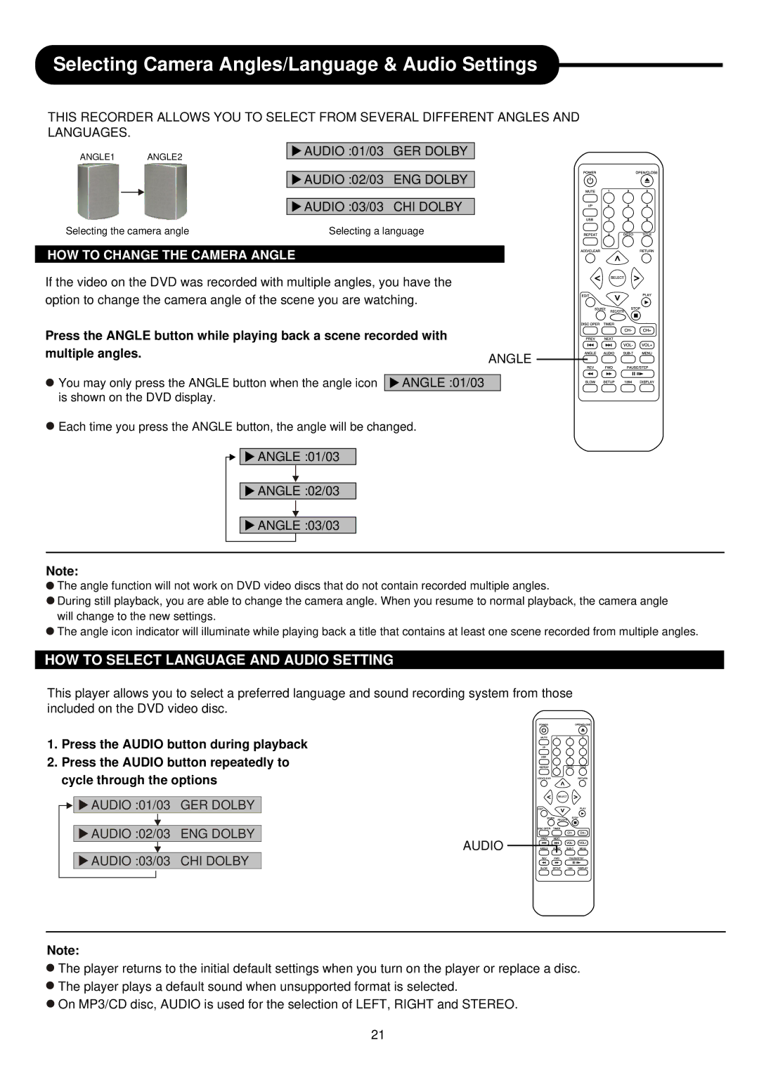 Palsonic DVDR313 manual Selecting Camera Angles/Language & Audio Settings, HOW to Select Language and Audio Setting 