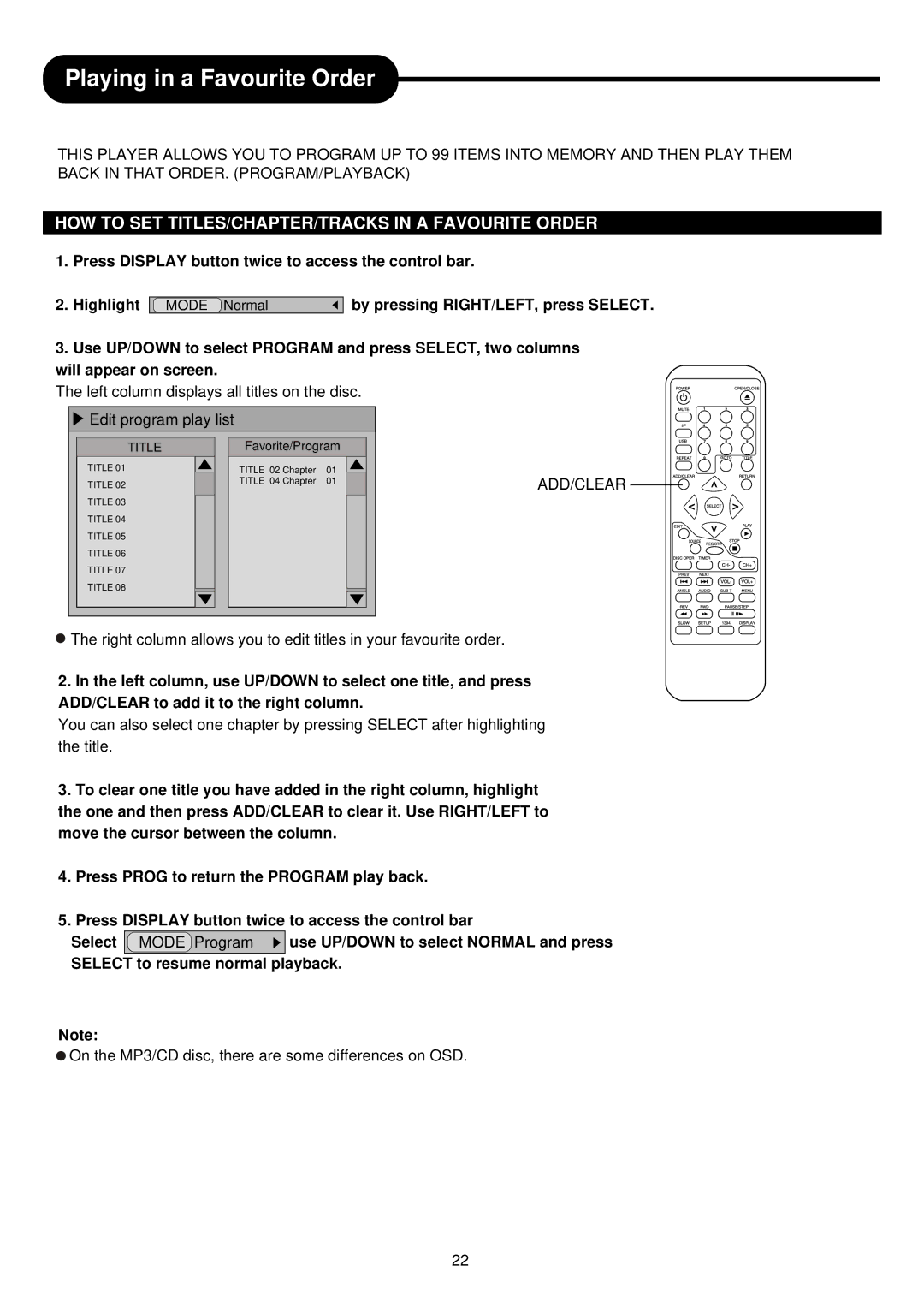 Palsonic DVDR313 manual Playing in a Favourite Order, HOW to SET TITLES/CHAPTER/TRACKS in a Favourite Order 