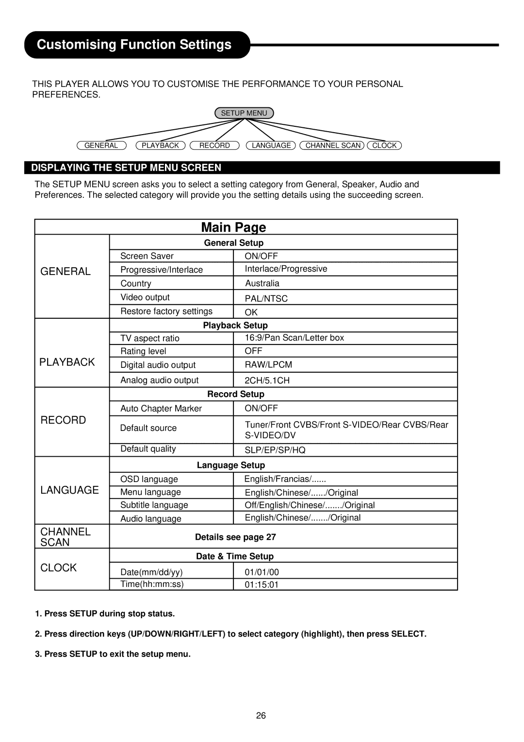 Palsonic DVDR313 manual Customising Function Settings, Displaying the Setup Menu Screen 