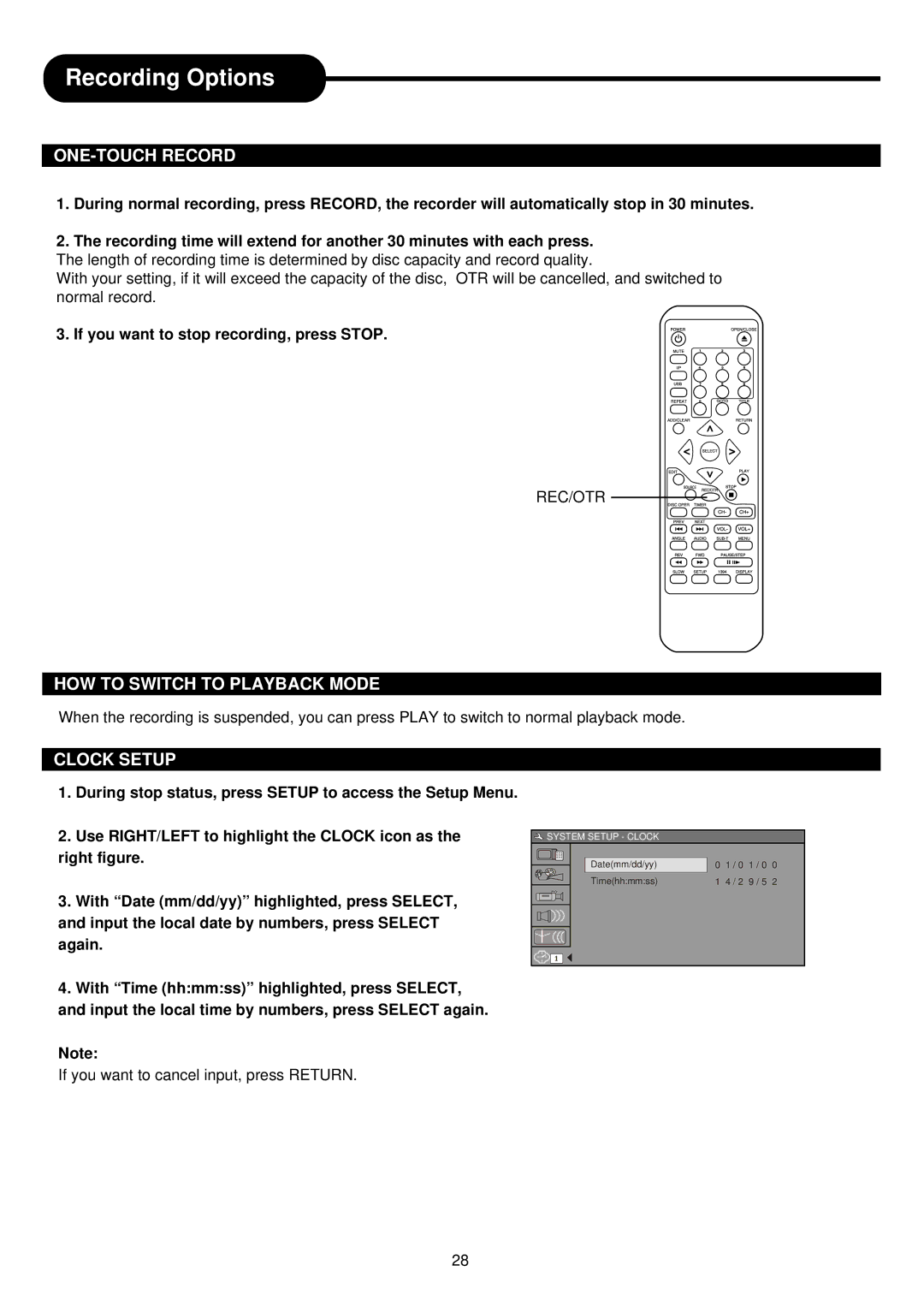 Palsonic DVDR313 ONE-TOUCH Record, HOW to Switch to Playback Mode, Clock Setup, If you want to stop recording, press Stop 