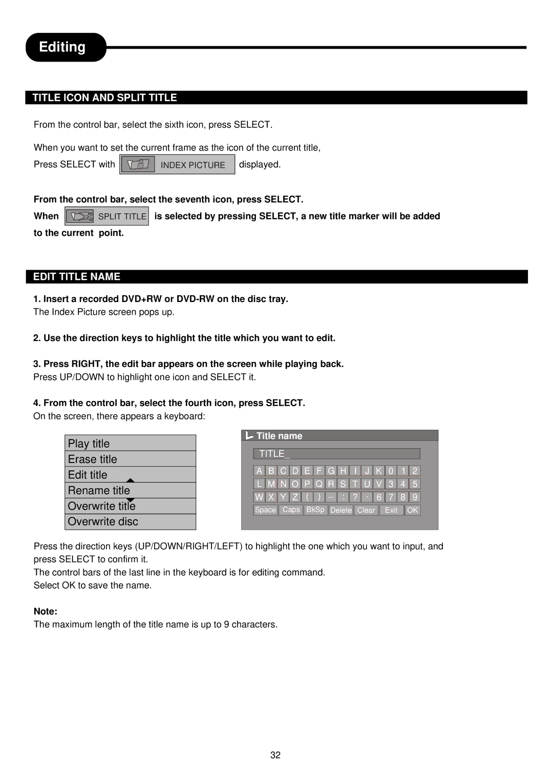 Palsonic DVDR313 manual Title Icon and Split Title, Edit Title Name 