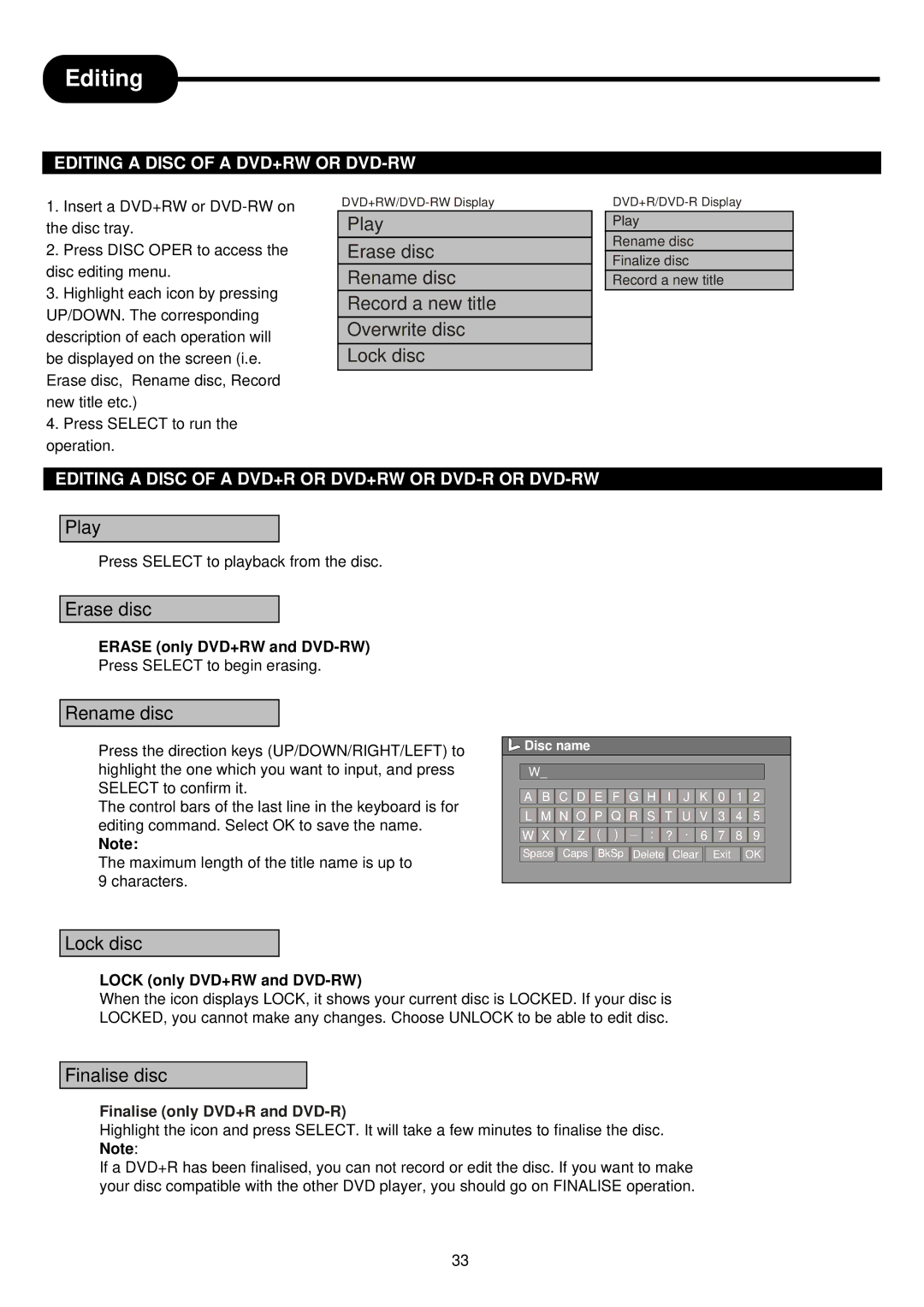 Palsonic DVDR313 manual Editing a Disc of a DVD+RW or DVD-RW, Editing a Disc of a DVD+R or DVD+RW or DVD-R or DVD-RW 