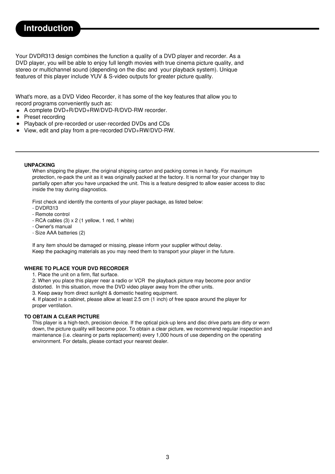 Palsonic DVDR313 manual Introduction, Unpacking 