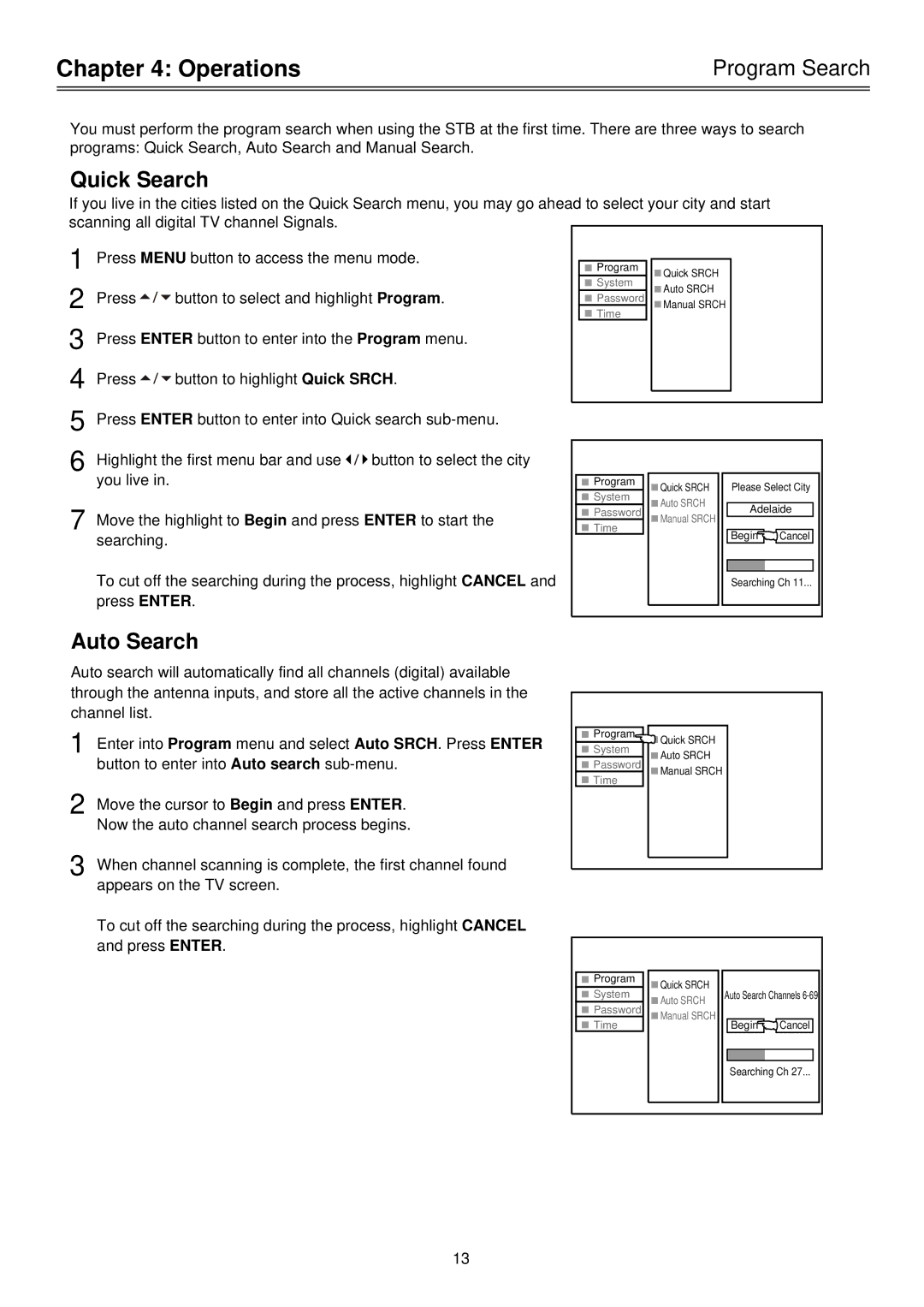 Palsonic HDSTB100 owner manual Operations, Quick Search, Auto Search, Program Search 