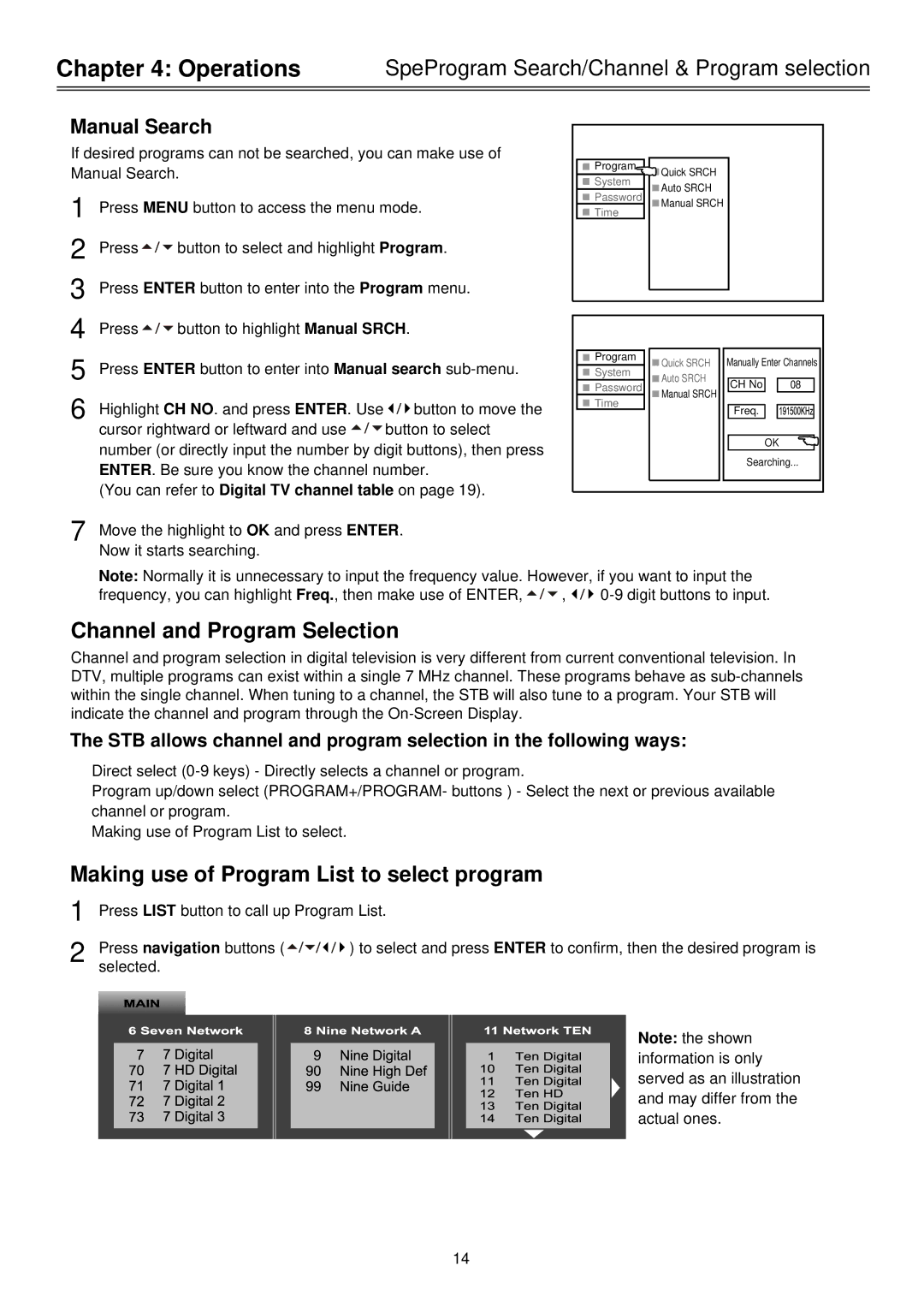 Palsonic HDSTB100 owner manual Channel and Program Selection, Making use of Program List to select program 