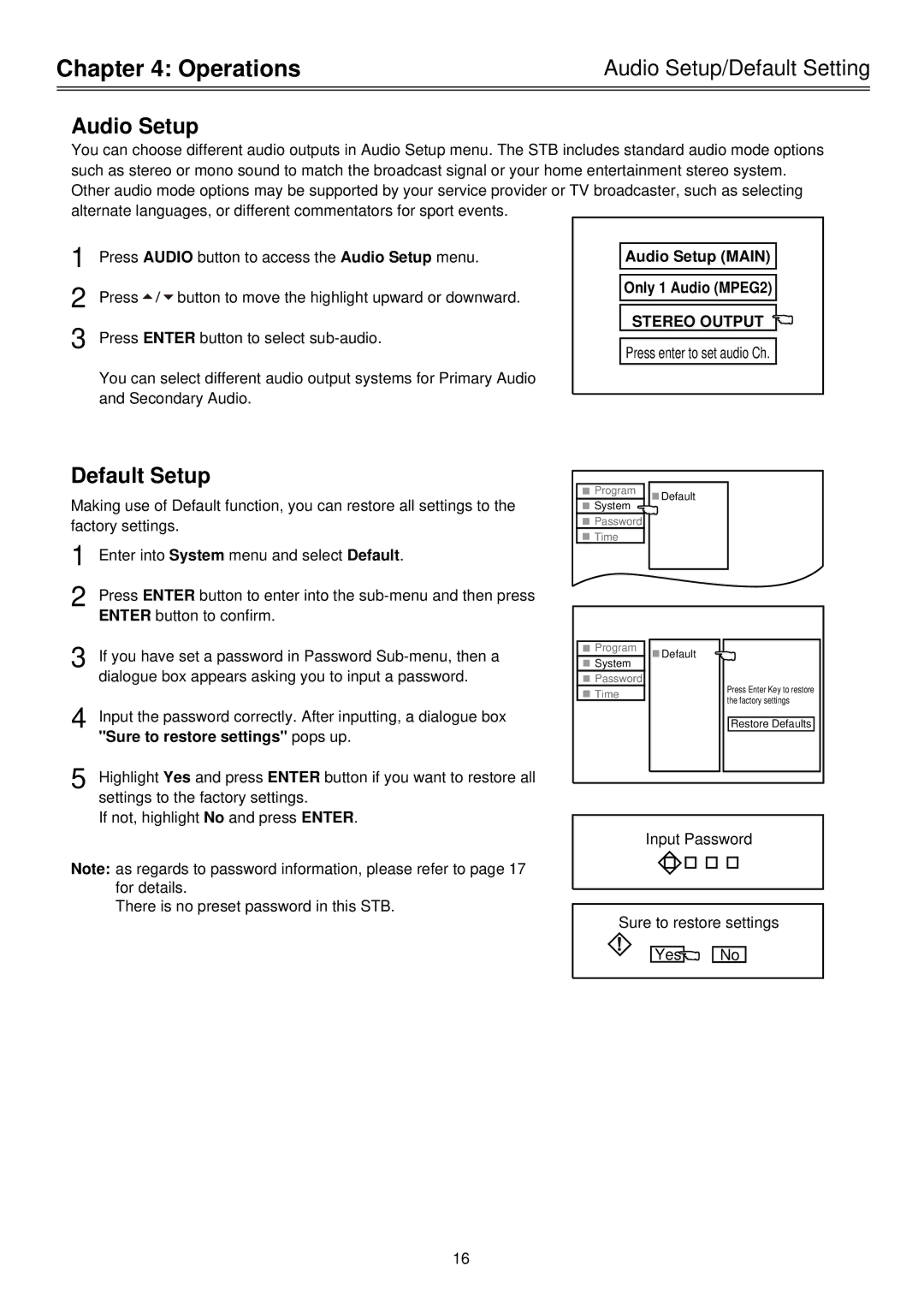 Palsonic HDSTB100 owner manual Default Setup, Audio Setup/Default Setting, Stereo Output 