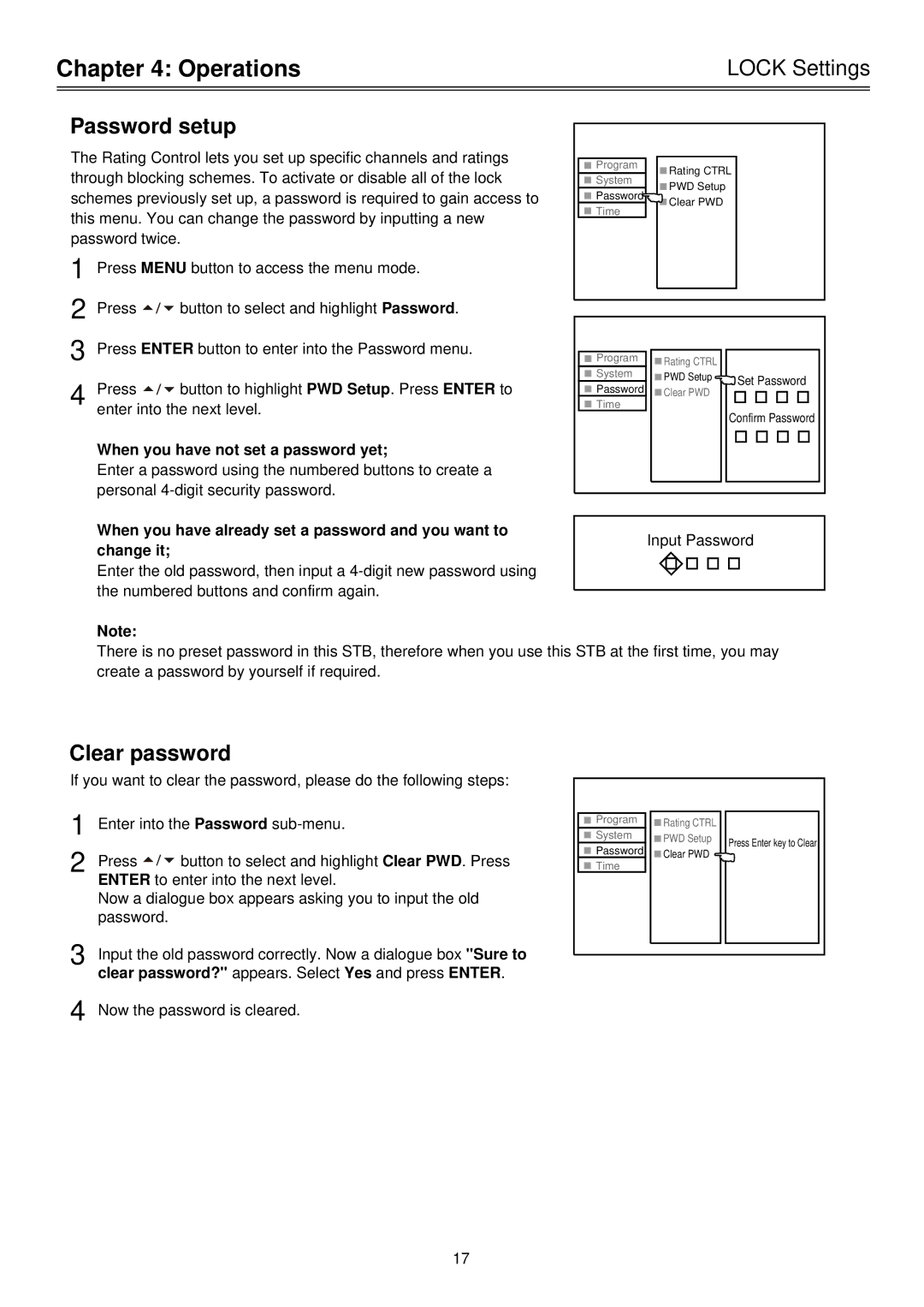 Palsonic HDSTB100 owner manual Password setup, Clear password, Lock Settings, When you have not set a password yet 