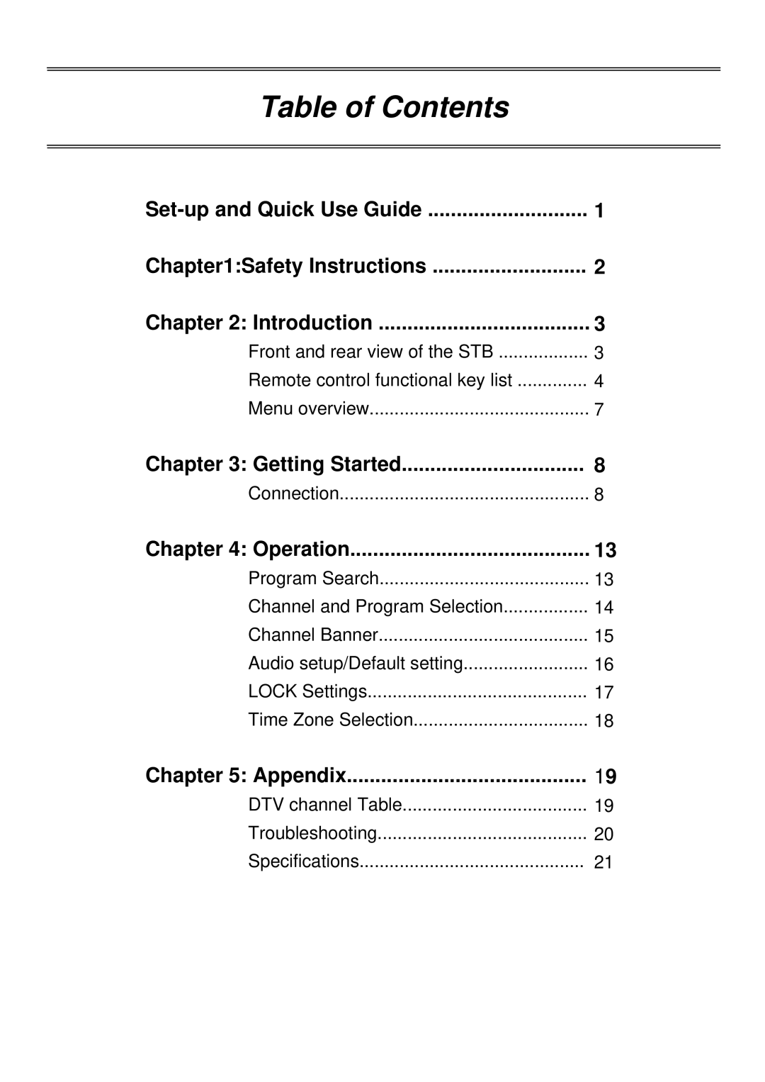 Palsonic HDSTB100 owner manual Table of Contents 