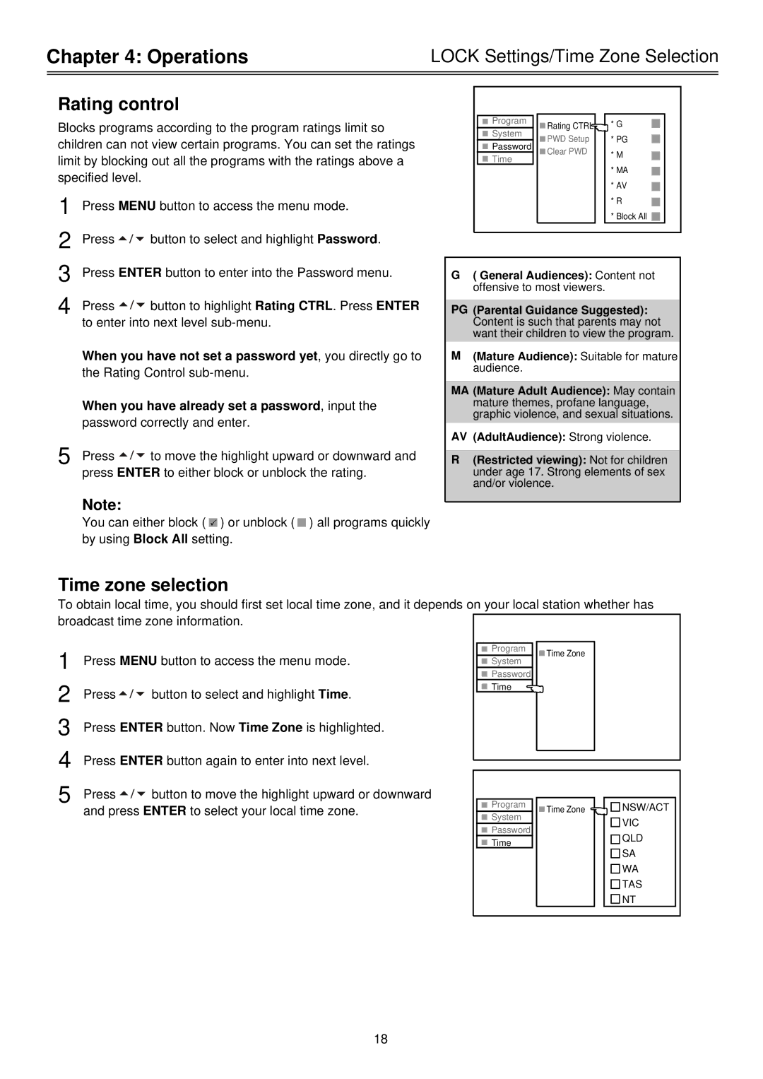 Palsonic HDSTB100 owner manual Lock Settings/Time Zone Selection 